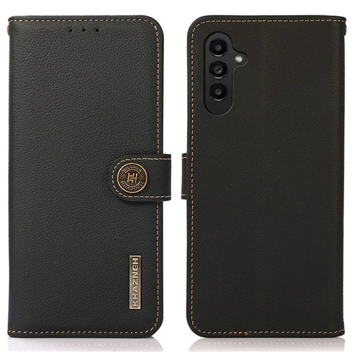 KHAZNEH For Samsung Galaxy S23 FE RFID Blocking Phone Case Genuine Cow Leather Stand Wallet Cover - Black - 1