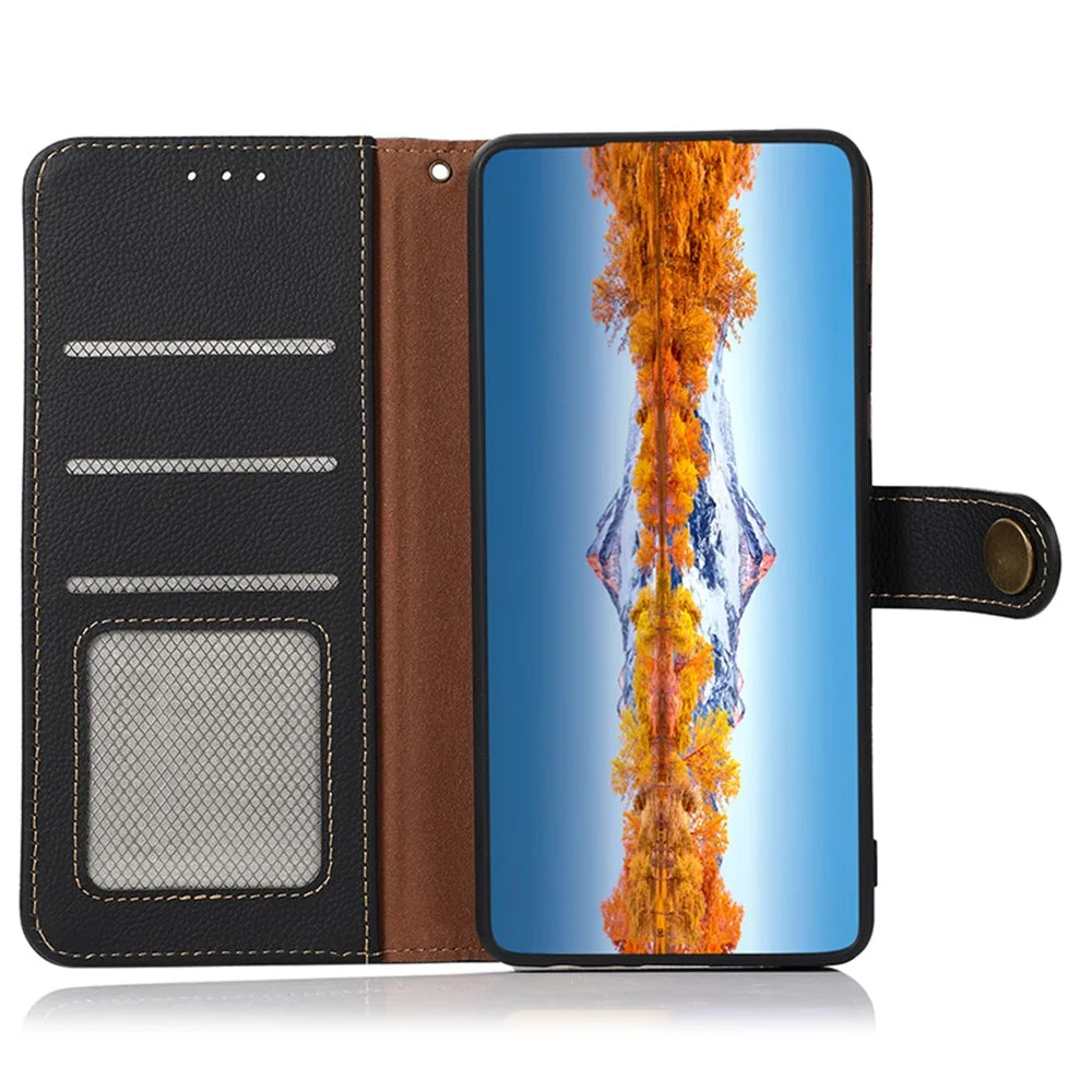 KHAZNEH For Samsung Galaxy S23 FE RFID Blocking Phone Case Genuine Cow Leather Stand Wallet Cover - Black - 4