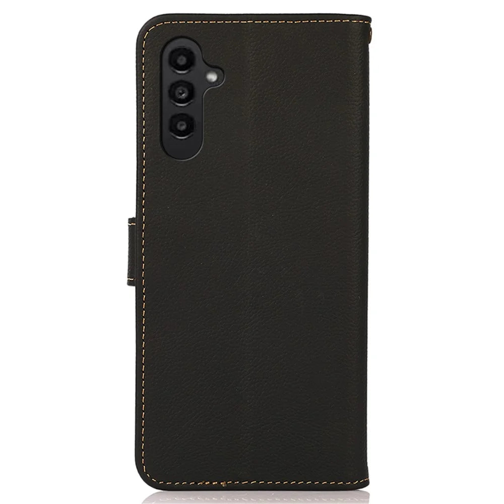 KHAZNEH For Samsung Galaxy S23 FE RFID Blocking Phone Case Genuine Cow Leather Stand Wallet Cover - Black - 7
