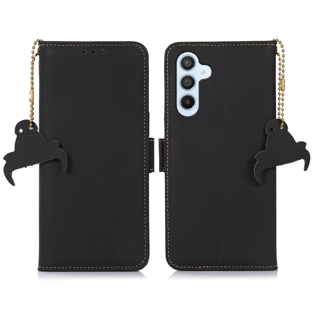 For Samsung Galaxy S23 FE RFID Blocking Wallet Case Silky Feeling Genuine Cow Leather Stand Phone Cover - Black - 1