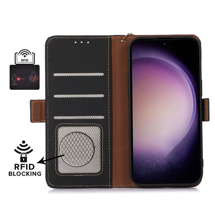 For Samsung Galaxy S23 FE RFID Blocking Wallet Case Silky Feeling Genuine Cow Leather Stand Phone Cover - Black - 2