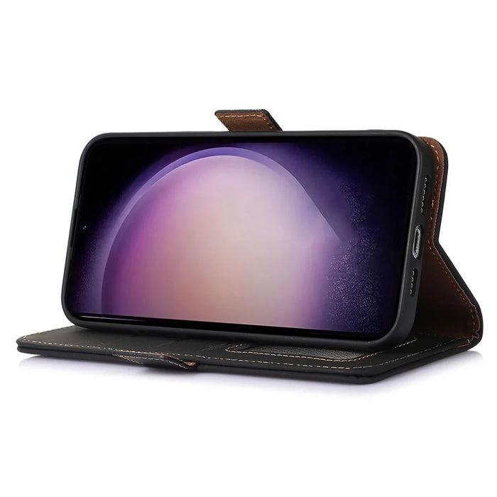For Samsung Galaxy S23 FE RFID Blocking Wallet Case Silky Feeling Genuine Cow Leather Stand Phone Cover - Black - 3