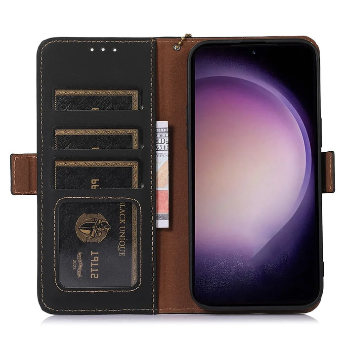 For Samsung Galaxy S23 FE RFID Blocking Wallet Case Silky Feeling Genuine Cow Leather Stand Phone Cover - Black - 4