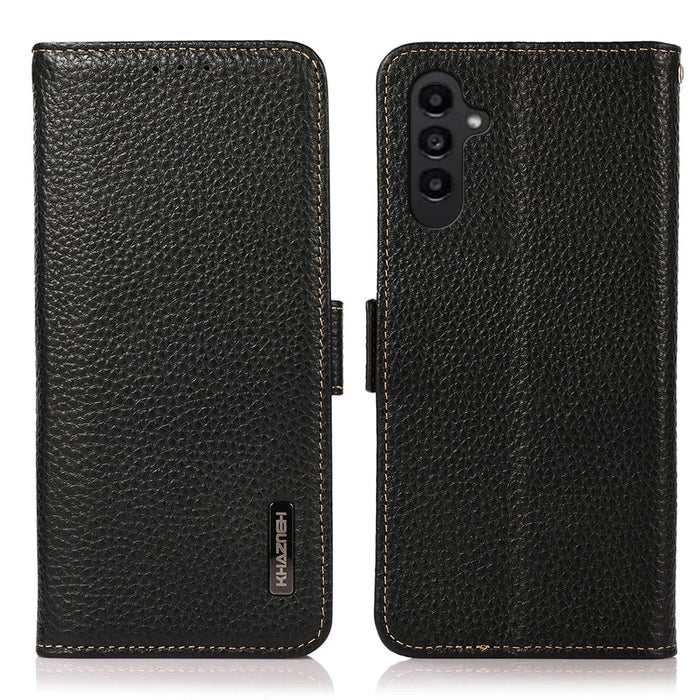KHAZNEH For Samsung Galaxy S23 FE Genuine Cow Leather Phone Case Wallet RFID Blocking Stand Cover - Black - 1