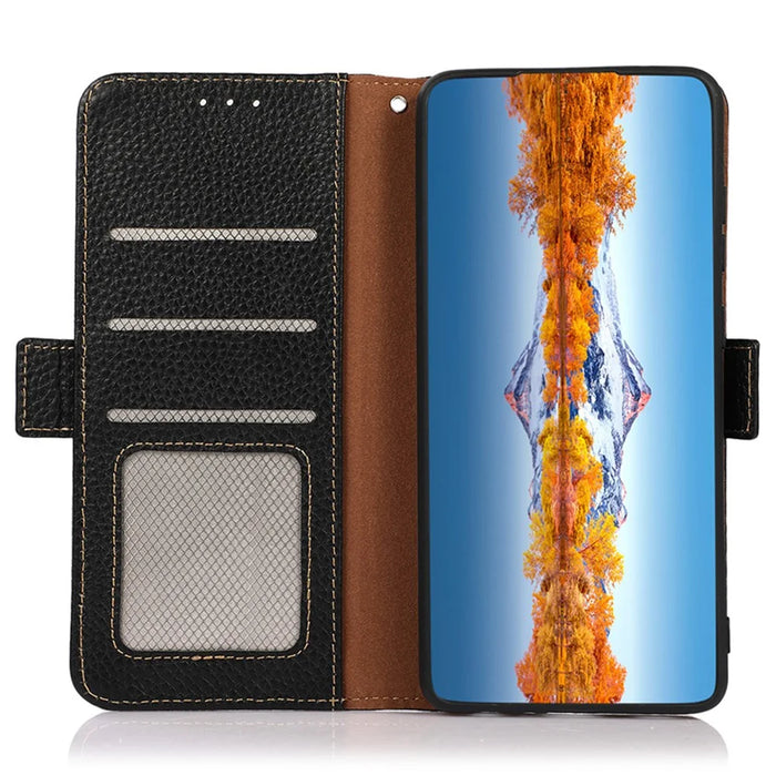KHAZNEH For Samsung Galaxy S23 FE Genuine Cow Leather Phone Case Wallet RFID Blocking Stand Cover - Black - 2