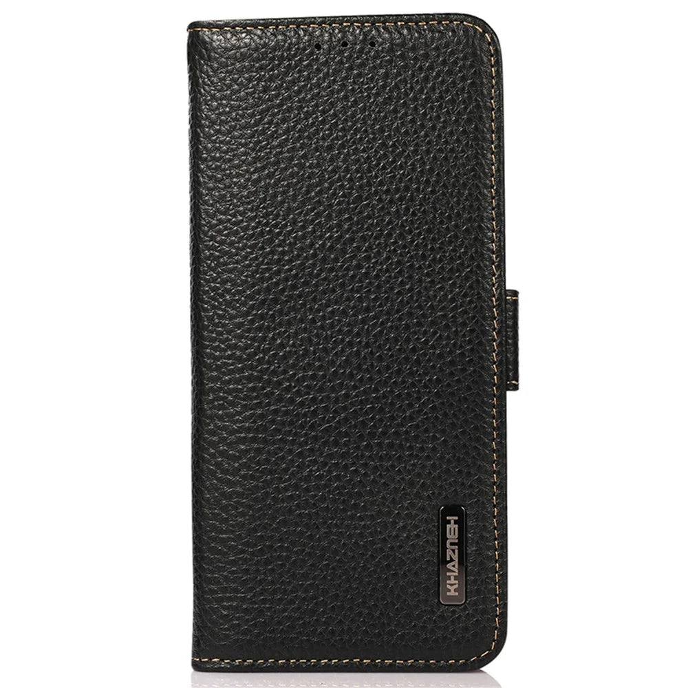 KHAZNEH For Samsung Galaxy S23 FE Genuine Cow Leather Phone Case Wallet RFID Blocking Stand Cover - Black - 6