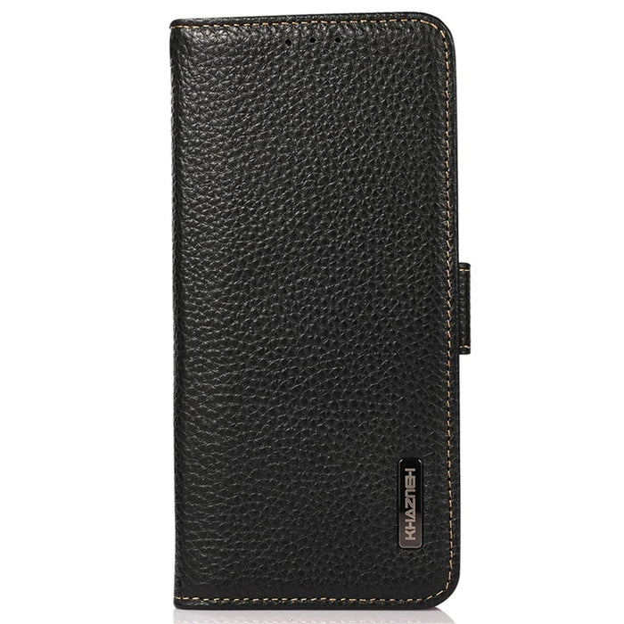 KHAZNEH For Samsung Galaxy S23 FE Genuine Cow Leather Phone Case Wallet RFID Blocking Stand Cover - Black - 6