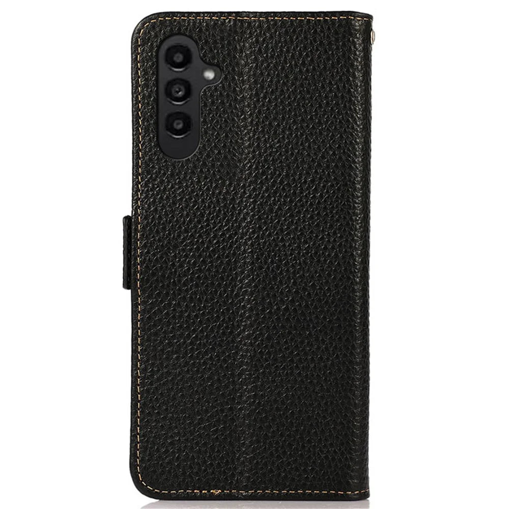 KHAZNEH For Samsung Galaxy S23 FE Genuine Cow Leather Phone Case Wallet RFID Blocking Stand Cover - Black - 7