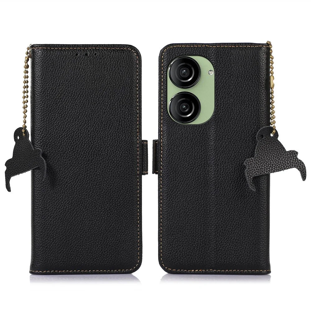 For Asus Zenfone 10 5G RFID Blocking Genuine Cow Leather Phone Case Litchi Texture Stand Wallet Cover - Black - 1