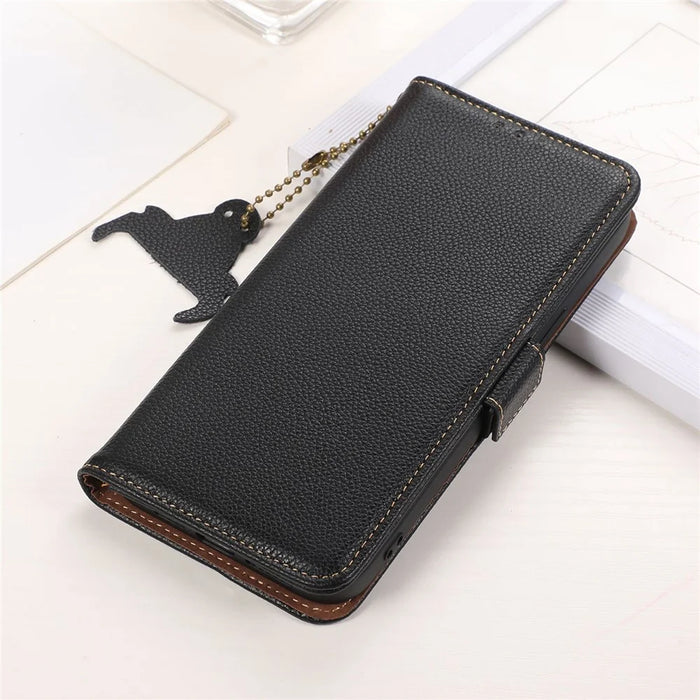 For Asus Zenfone 10 5G RFID Blocking Genuine Cow Leather Phone Case Litchi Texture Stand Wallet Cover - Black - 6