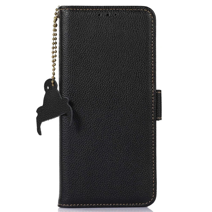 For Asus Zenfone 10 5G RFID Blocking Genuine Cow Leather Phone Case Litchi Texture Stand Wallet Cover - Black - 7