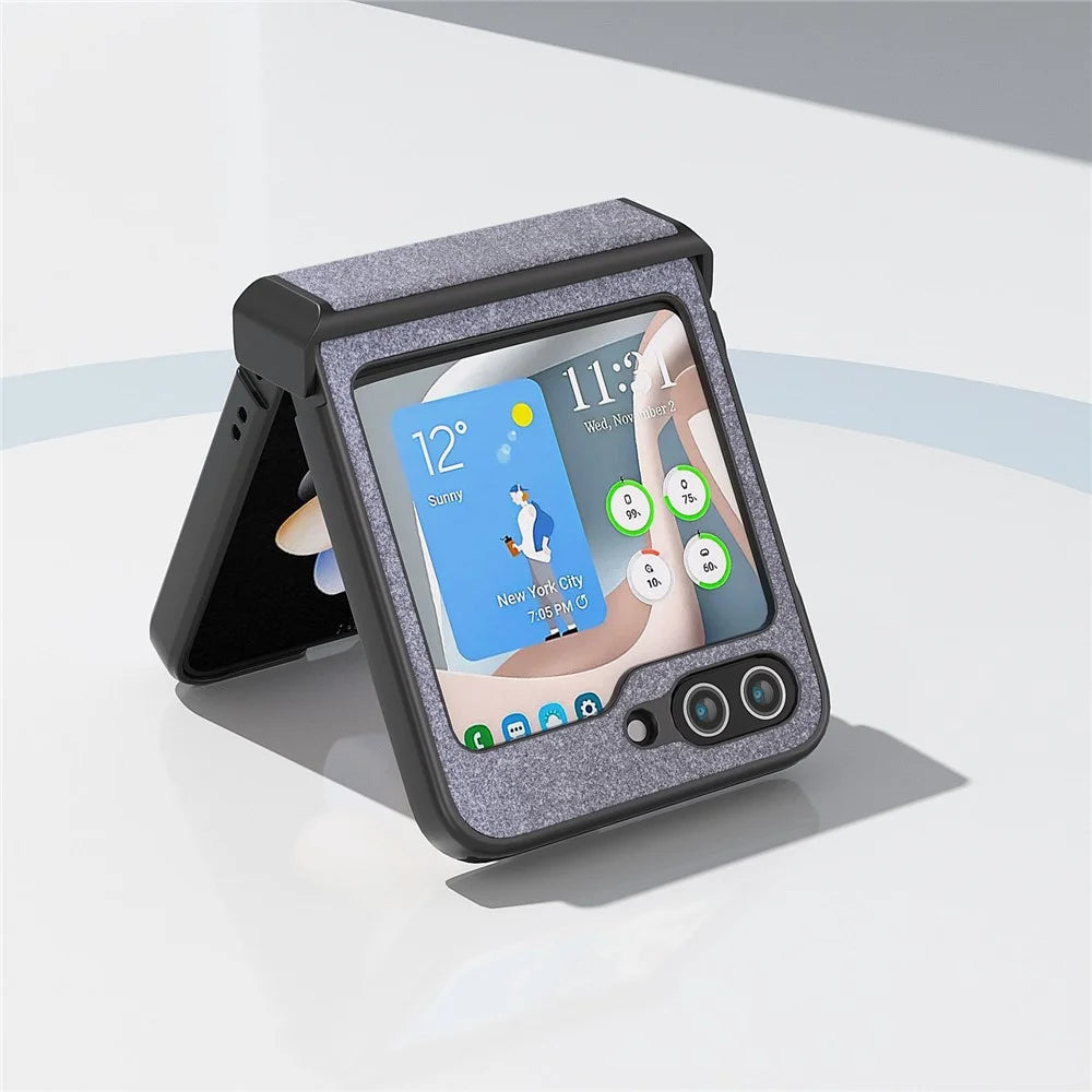 ABEEL For Samsung Galaxy Z Flip5 5G PU Leather Coated PC Case Hinge Design Glitter Phone Cover - Black - 4