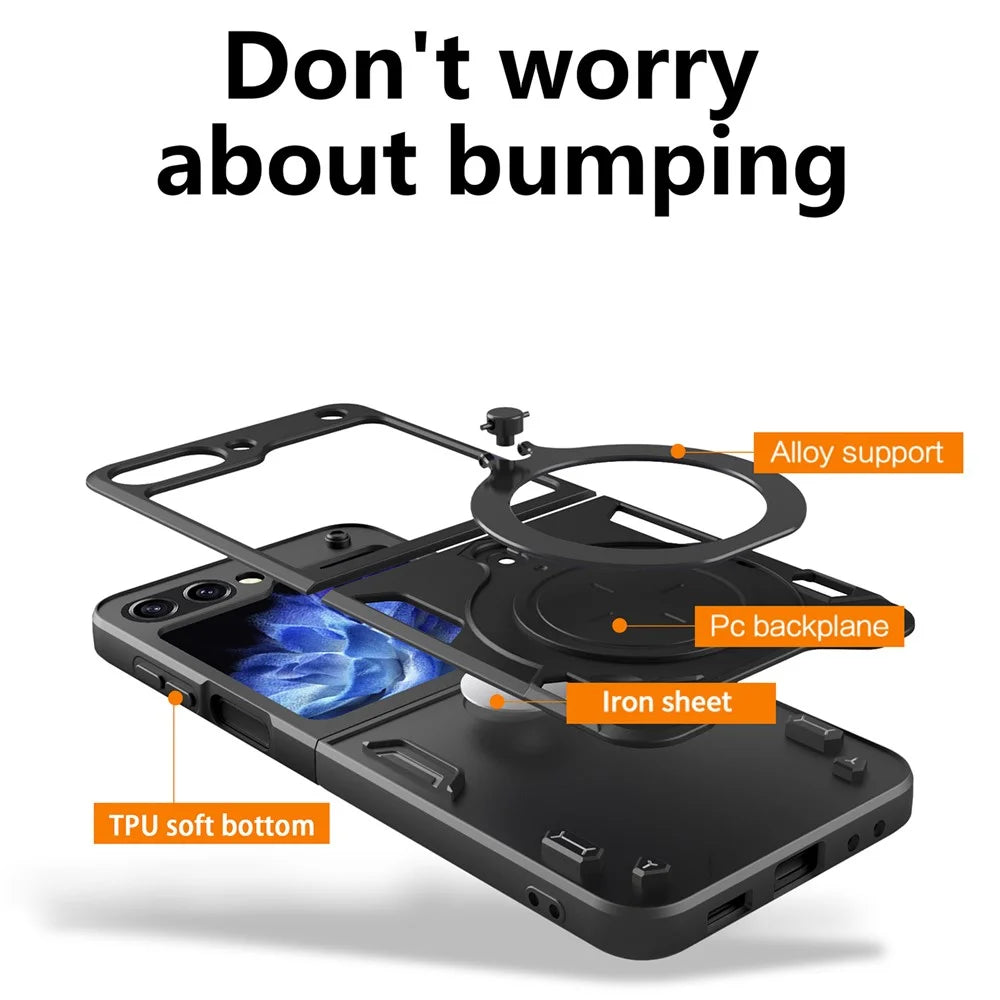 For Samsung Galaxy Z Flip5 5G PC+TPU Phone Case Rotating Kickstand Protective Cover - Black - 7