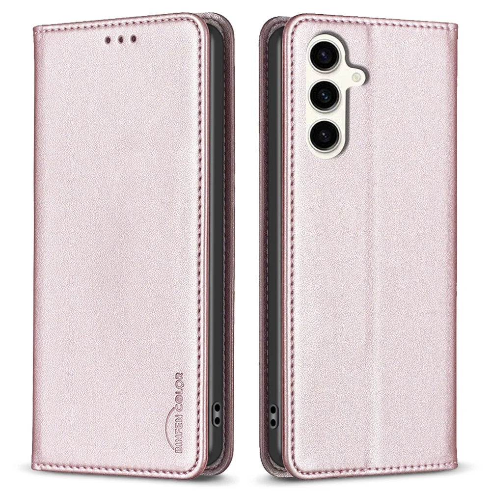 BINFEN COLOR BF18 For Samsung Galaxy S23 FE Auto-absorbed Magnetic Leather Cover Card Holder Phone Case - Rose Gold - 1