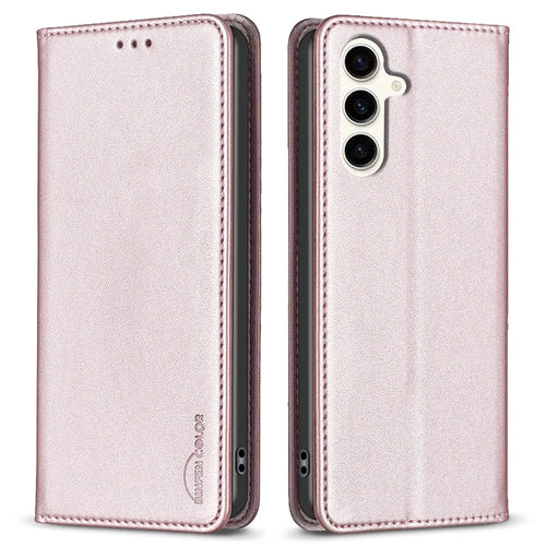 BINFEN COLOR BF18 For Samsung Galaxy S23 FE Auto-absorbed Magnetic Leather Cover Card Holder Phone Case - Rose Gold - 1
