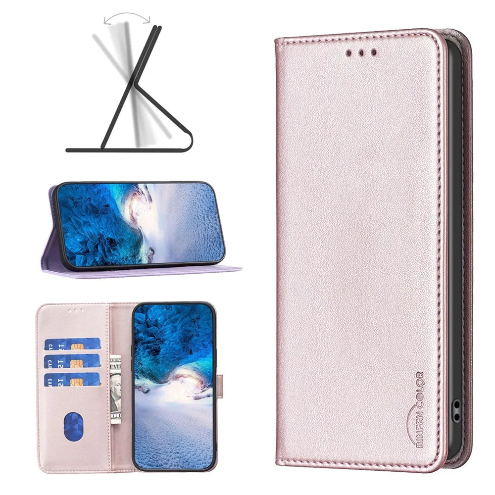 BINFEN COLOR BF18 For Samsung Galaxy S23 FE Auto-absorbed Magnetic Leather Cover Card Holder Phone Case - Rose Gold - 7