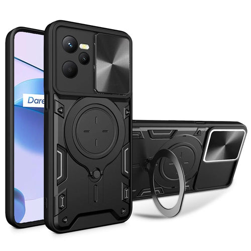For Realme C35 4G / Narzo 50A Prime Rotatable Kickstand Anti-drop Cover Slide Camera Lid PC+TPU Phone Case - Black - 1