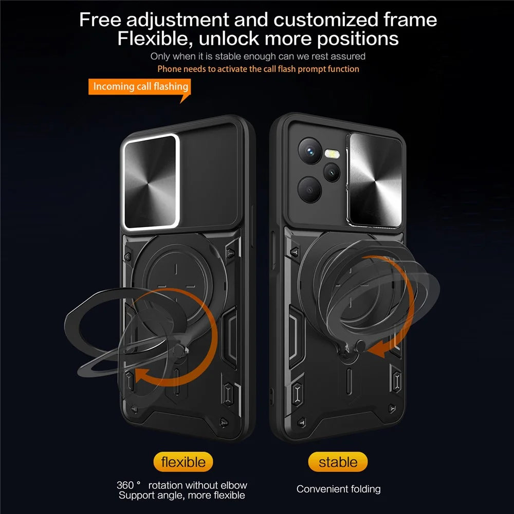 For Realme C35 4G / Narzo 50A Prime Rotatable Kickstand Anti-drop Cover Slide Camera Lid PC+TPU Phone Case - Black - 2