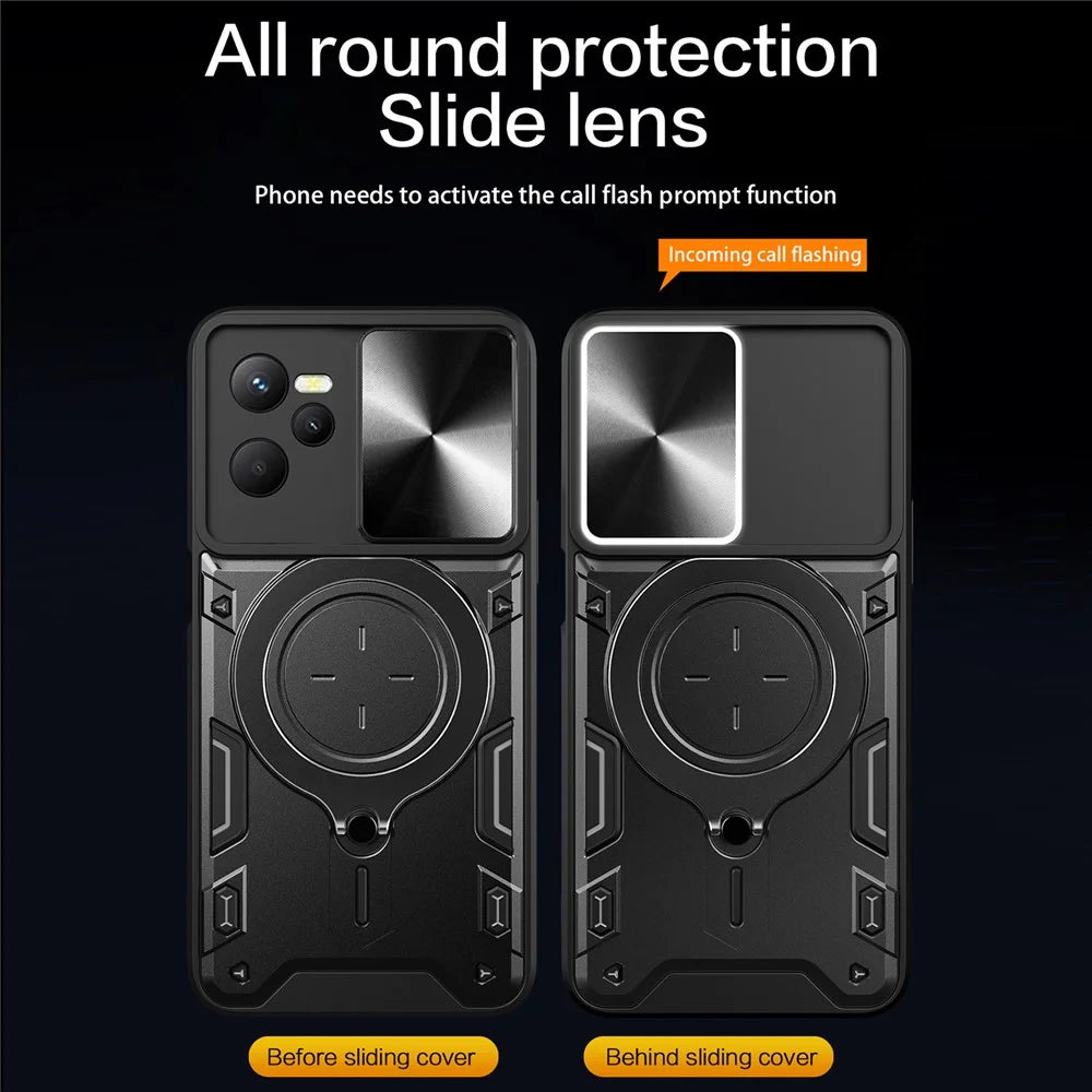 For Realme C35 4G / Narzo 50A Prime Rotatable Kickstand Anti-drop Cover Slide Camera Lid PC+TPU Phone Case - Black - 3