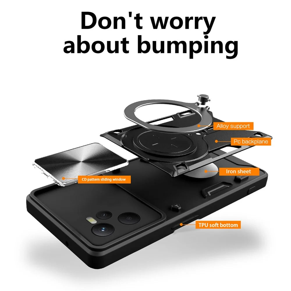 For Realme C35 4G / Narzo 50A Prime Rotatable Kickstand Anti-drop Cover Slide Camera Lid PC+TPU Phone Case - Black - 5