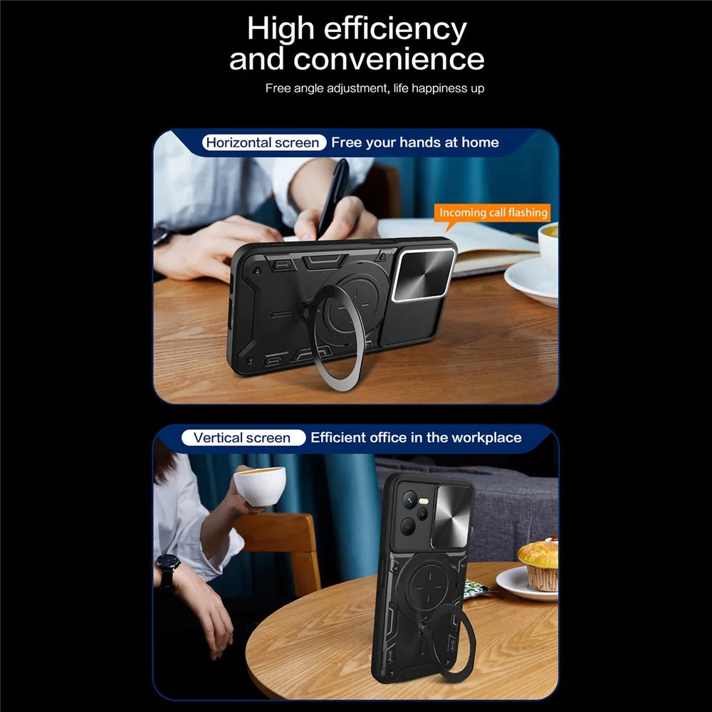 For Realme C35 4G / Narzo 50A Prime Rotatable Kickstand Anti-drop Cover Slide Camera Lid PC+TPU Phone Case - Black - 6