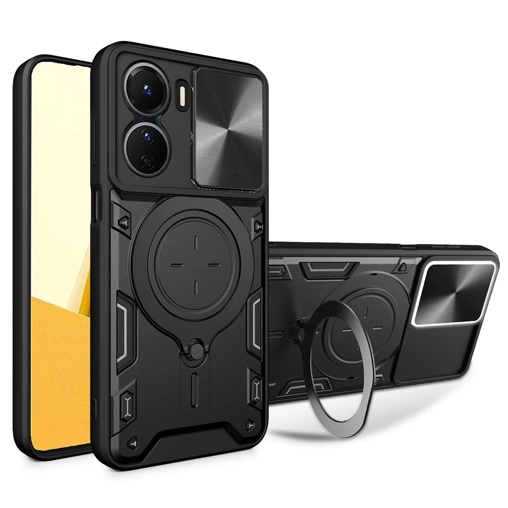 For vivo Y16 4G Slide Camera Protection Phone Cover Hybrid PC+TPU Kickstand Phone Case - Black - 1