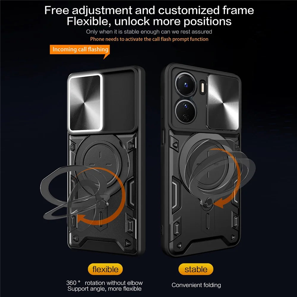For vivo Y16 4G Slide Camera Protection Phone Cover Hybrid PC+TPU Kickstand Phone Case - Black - 2