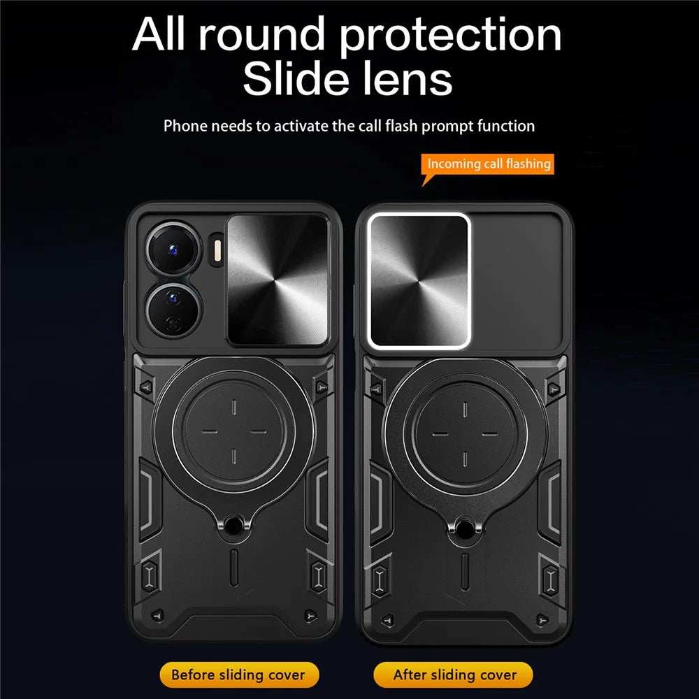 For vivo Y16 4G Slide Camera Protection Phone Cover Hybrid PC+TPU Kickstand Phone Case - Black - 3