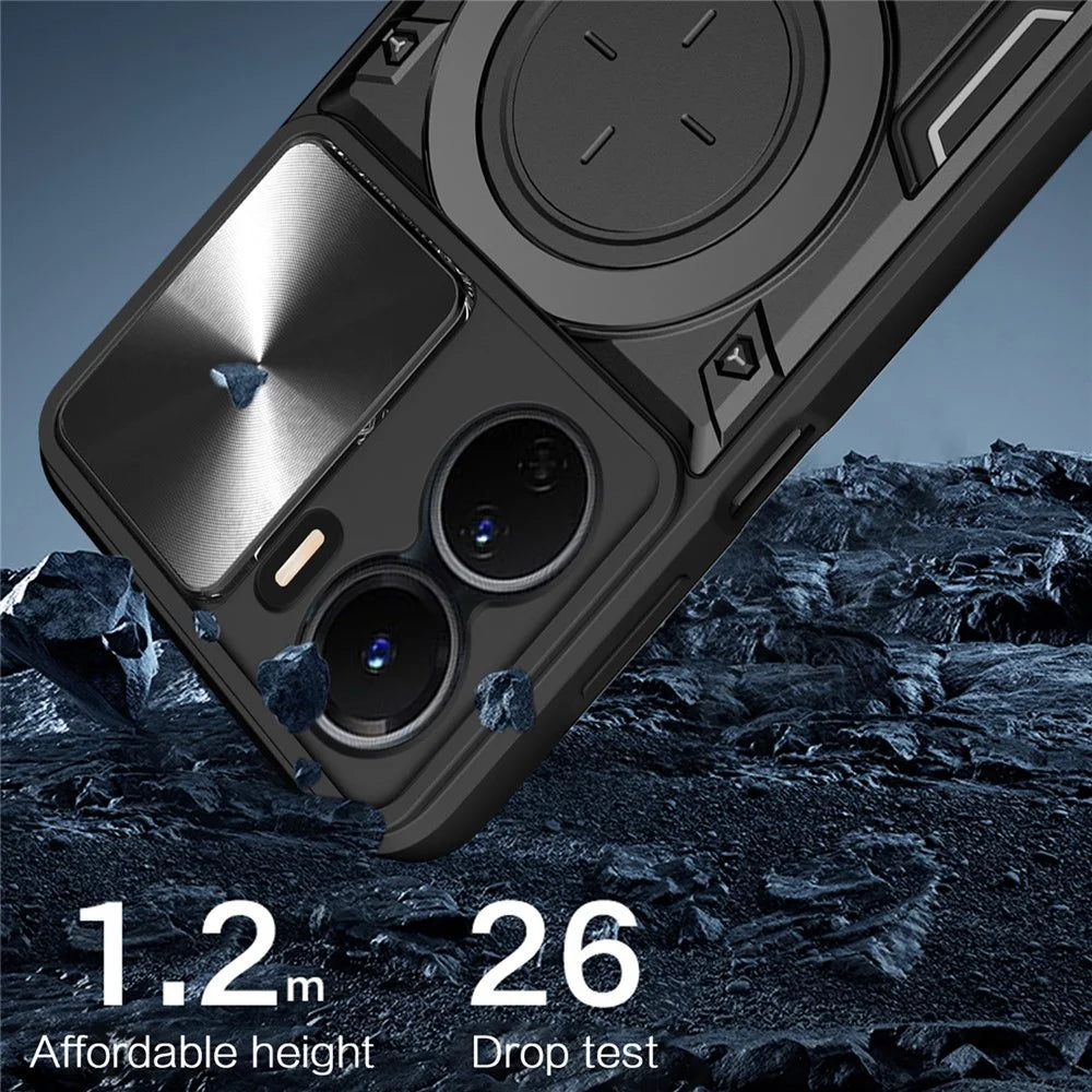 For vivo Y16 4G Slide Camera Protection Phone Cover Hybrid PC+TPU Kickstand Phone Case - Black - 4