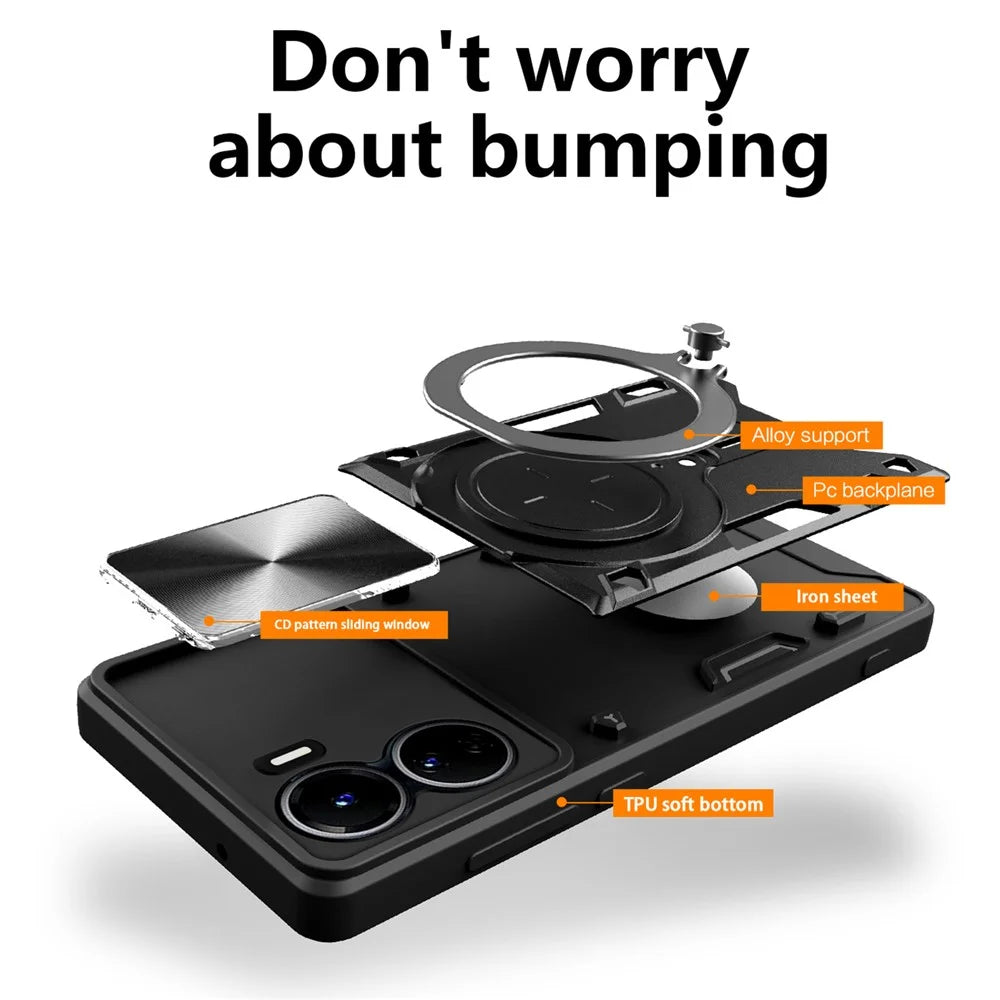 For vivo Y16 4G Slide Camera Protection Phone Cover Hybrid PC+TPU Kickstand Phone Case - Black - 5