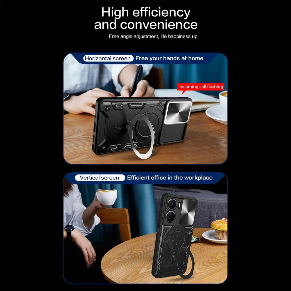 For vivo Y16 4G Slide Camera Protection Phone Cover Hybrid PC+TPU Kickstand Phone Case - Black - 6