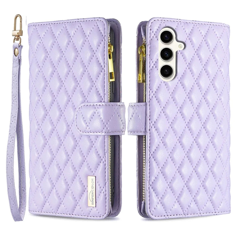 BINFEN COLOR BF Style-15 For Samsung Galaxy S23 FE Zipper Pocket Leather Cover Wallet Stand Phone Case - Purple - 1
