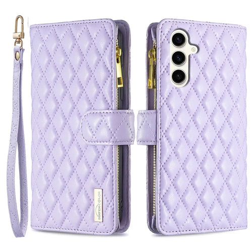 BINFEN COLOR BF Style-15 For Samsung Galaxy S23 FE Zipper Pocket Leather Cover Wallet Stand Phone Case - Purple - 1