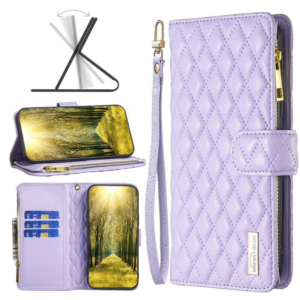 BINFEN COLOR BF Style-15 For Samsung Galaxy S23 FE Zipper Pocket Leather Cover Wallet Stand Phone Case - Purple - 5