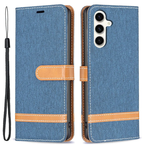 For Samsung Galaxy S23 FE Jeans Cloth Splicing PU Leather Cover Wallet Stand Phone Case - Navy Blue - 1