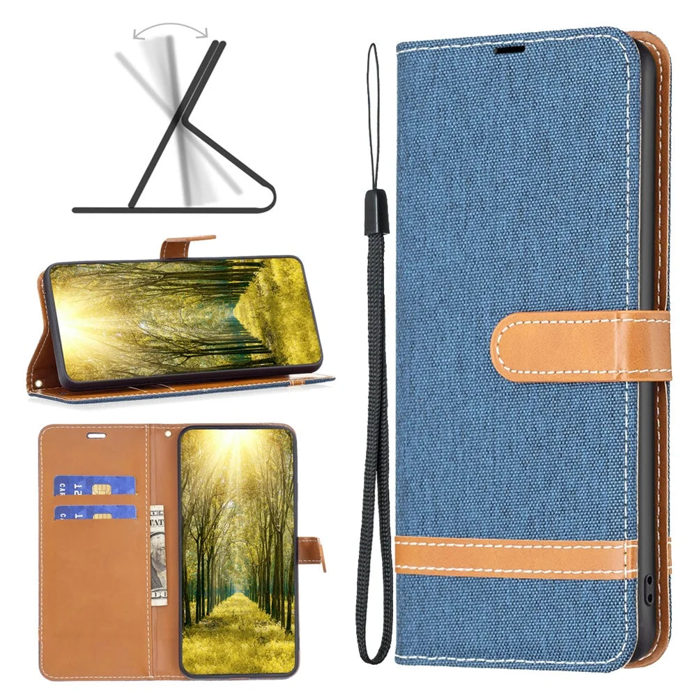 For Samsung Galaxy S23 FE Jeans Cloth Splicing PU Leather Cover Wallet Stand Phone Case - Navy Blue - 4