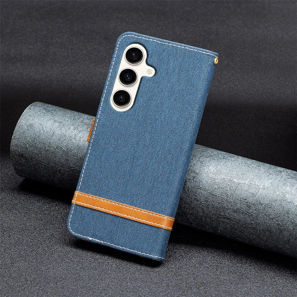 For Samsung Galaxy S23 FE Jeans Cloth Splicing PU Leather Cover Wallet Stand Phone Case - Navy Blue - 5