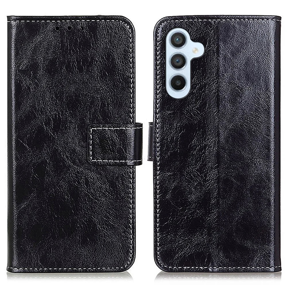 For Samsung Galaxy S23 FE Cell Phone Case Stand Retro Crazy Horse Texture PU Leather Phone Cover Wallet - Black - 1