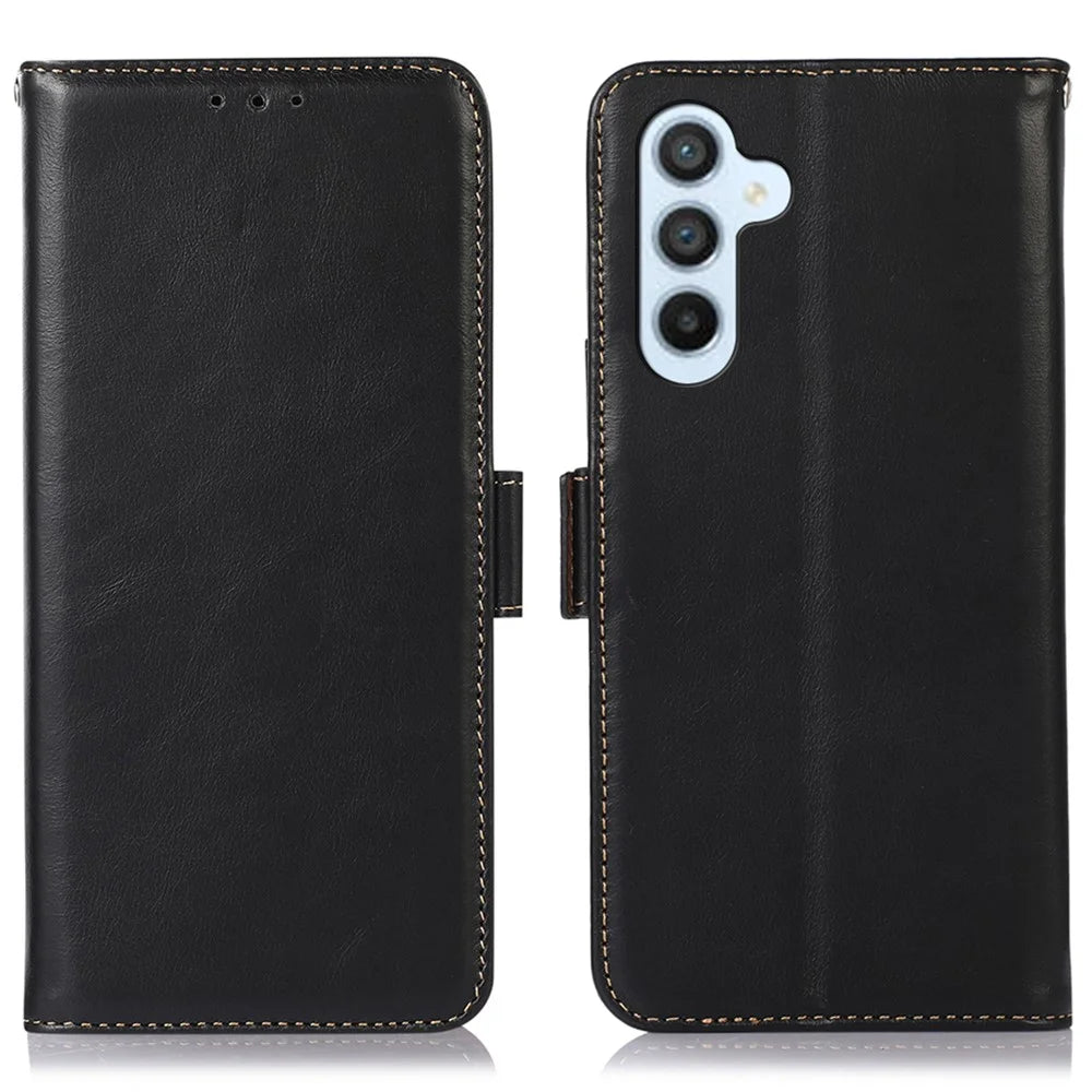 For Samsung Galaxy S23 FE RFID Blocking Crazy Horse Texture Genuine Cow Leather Wallet Stand Cover Phone Case - Black - 1