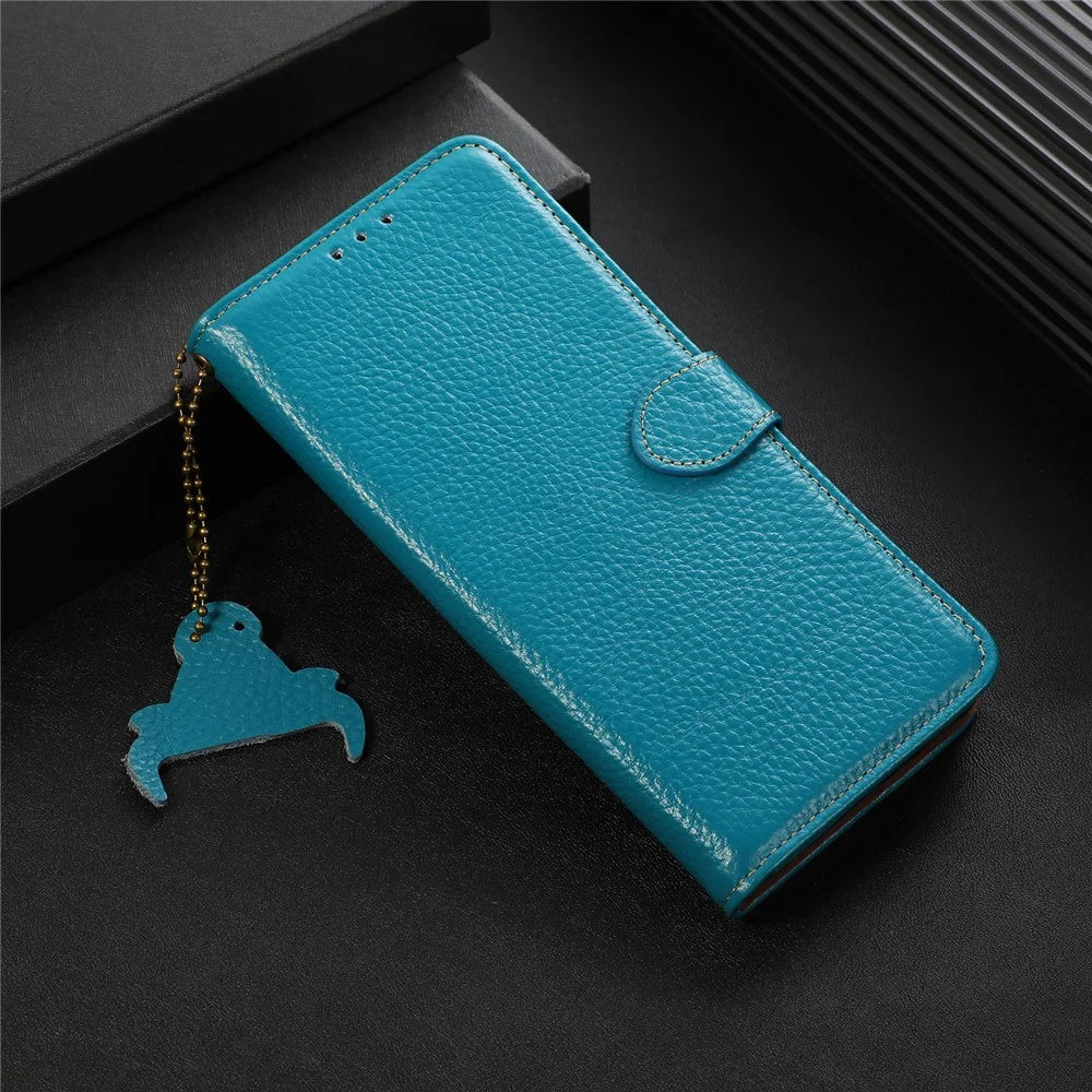 Genuine Cow Leather Cover for Samsung Galaxy S23 FE RFID Blocking Wallet Stand Phone Case - Blue - 5