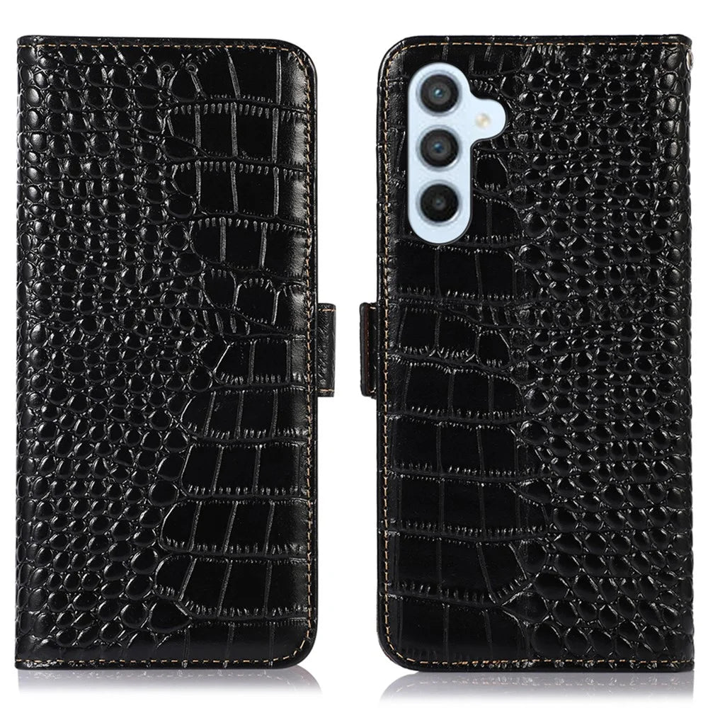 Wallet Phone Case for Samsung Galaxy S23 FE RFID Blocking Genuine Cow Leather Crocodile Texture Stand Cover - Black - 1