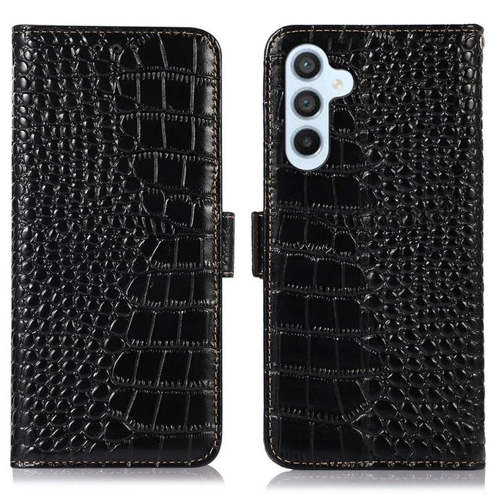 Wallet Phone Case for Samsung Galaxy S23 FE RFID Blocking Genuine Cow Leather Crocodile Texture Stand Cover - Black - 1