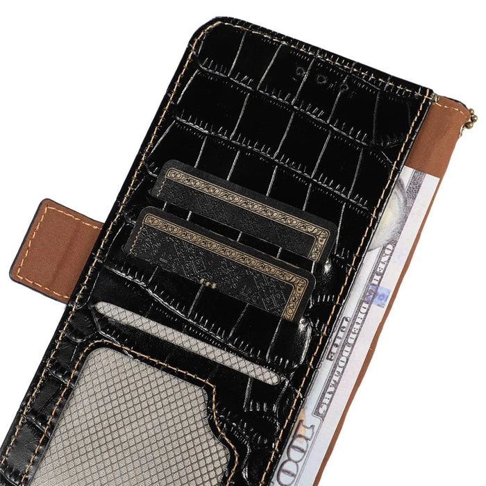 Wallet Phone Case for Samsung Galaxy S23 FE RFID Blocking Genuine Cow Leather Crocodile Texture Stand Cover - Black - 5