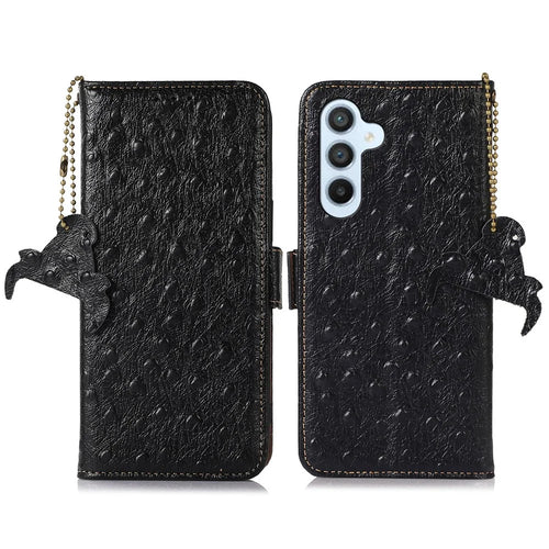 RFID Blocking Shell for Samsung Galaxy S23 FE Genuine Cowhide Leather Phone Cover Wallet Stand Case - Black - 1