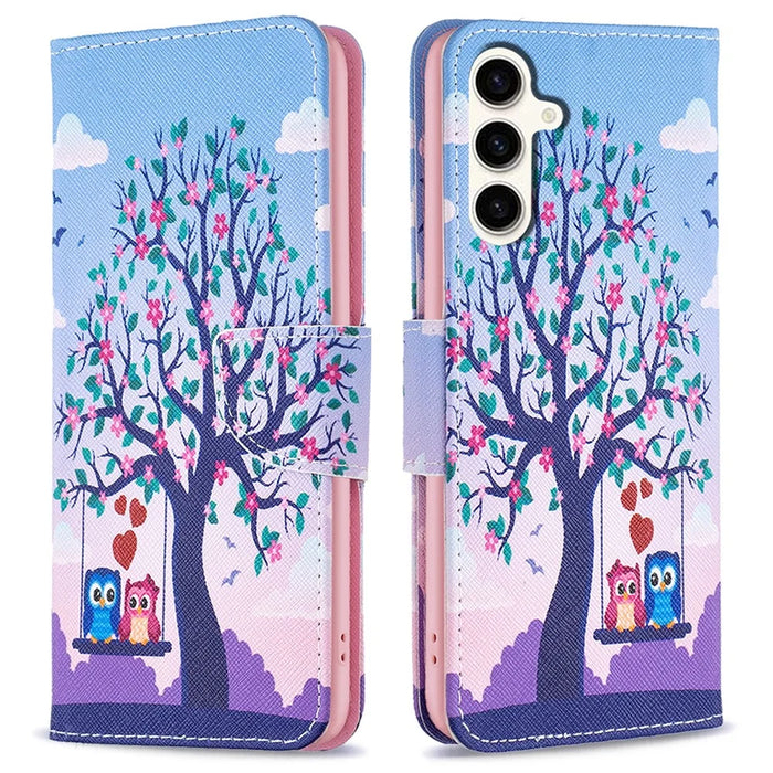 Wallet Case for Samsung Galaxy S23 FE PU Leather Pattern Printing Stand Flip Phone Cover - Two Owls - 1