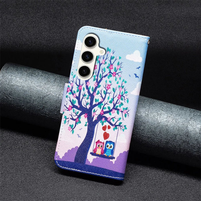 Wallet Case for Samsung Galaxy S23 FE PU Leather Pattern Printing Stand Flip Phone Cover - Two Owls - 5