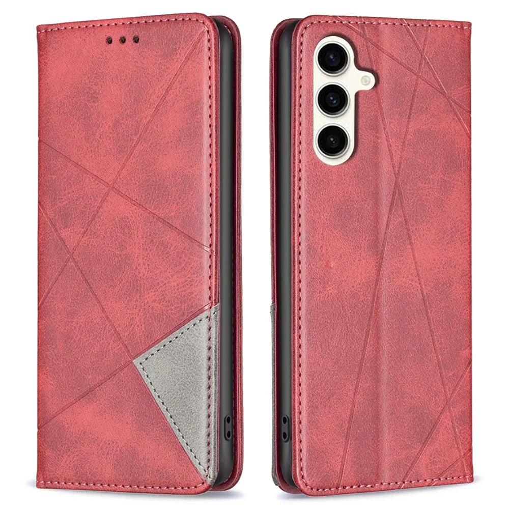 For Samsung Galaxy S23 FE Imprinted Line Cell Phone Case Card Holder Leather Stand Cover - Red - 1