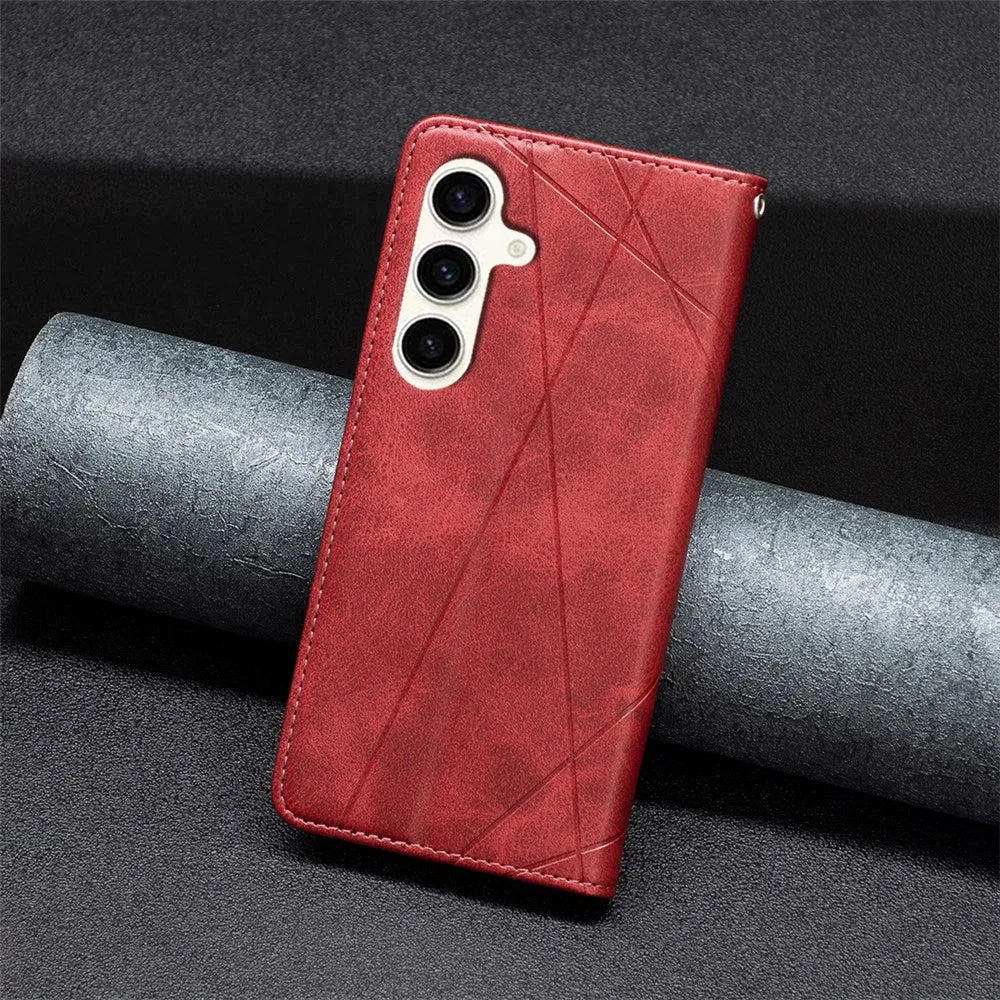 For Samsung Galaxy S23 FE Imprinted Line Cell Phone Case Card Holder Leather Stand Cover - Red - 6