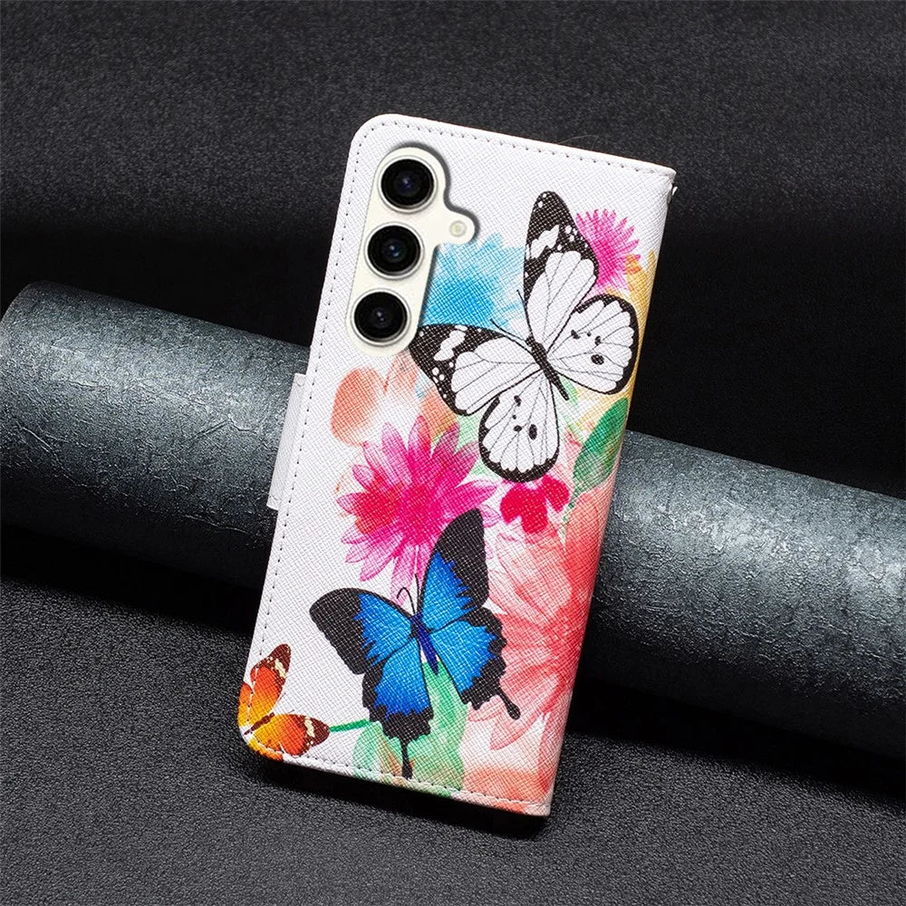 For Samsung Galaxy S23 FE Phone Case PU Leather Pattern Printing Wallet Stand Feature Cover - Two Butterflies - 5