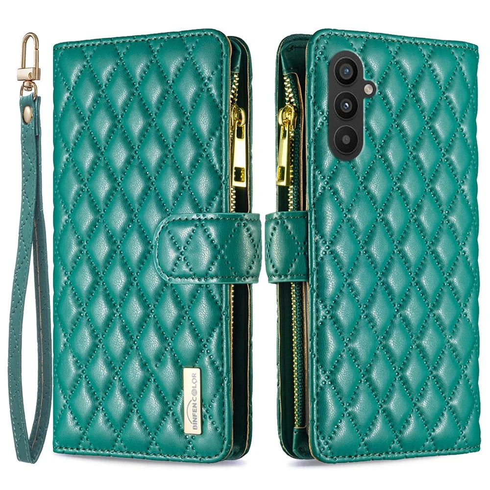 BINFEN COLOR BF Style-15 For Samsung Galaxy A25 5G (Global) (161.0 x 76.5 x 8.3mm) Zipper Pocket Leather Cover - Green - 1